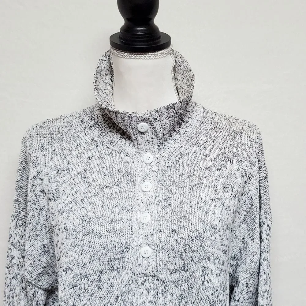 VINTAGE 1970s Erika Gray Black Speckle Knit High Low V-neck Wide Belt Dress M